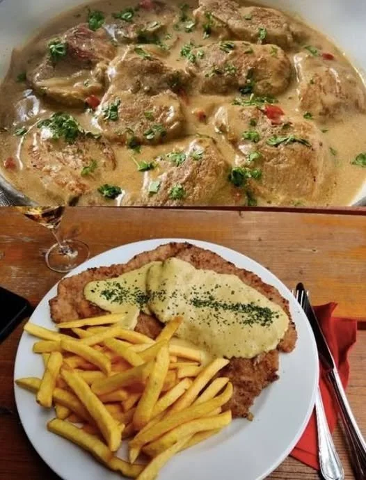 Schnitzel in Senfsoße, serviert mit Beilagen auf einem eleganten Teller