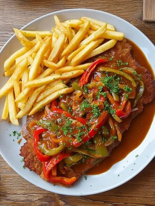 Schnitzel mit Paprikasoße und Pommes auf einem Teller serviert.