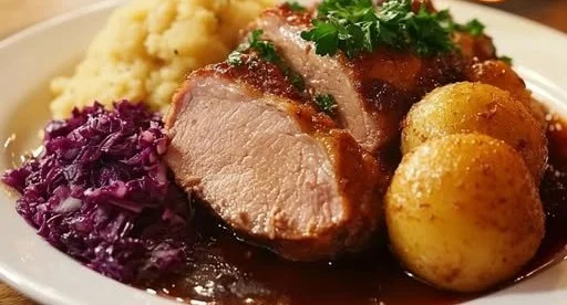 Schweinekrustenbraten serviert mit Klößen und Rotkohl auf einem festlichen Tisch.