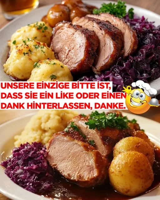 Schweinekrustenbraten mit Klößen und Rotkohl