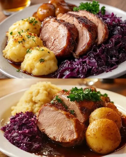 Schweinekrustenbraten mit Klößen und Rotkohl