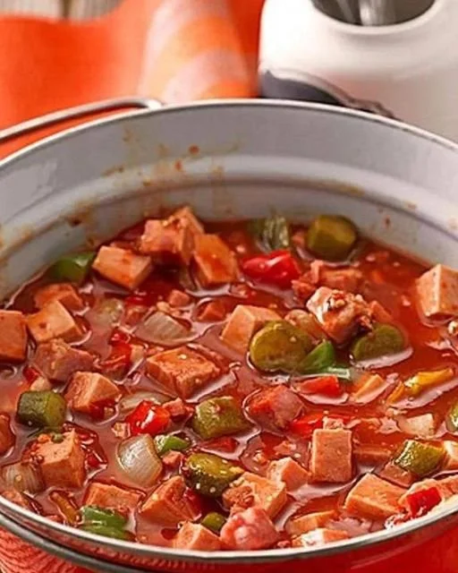 Eine Schüssel Soljanka mit frischem Brot und Kräutern serviert.