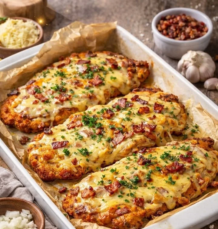 Überbackene Partyschnitzel aus dem Ofen mit Käse und Kräutern