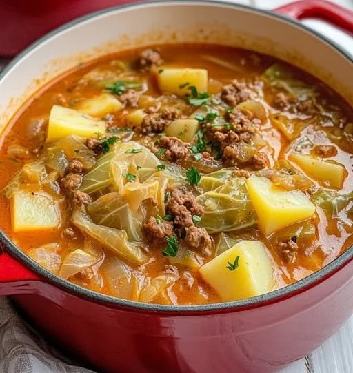 Wirsing-Hackfleisch-Eintopf in einer Schüssel, serviert mit frischem Brot