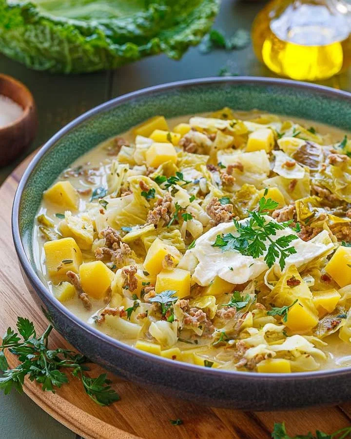 Wirsingeintopf mit frischem Gemüse in einer Schale serviert.