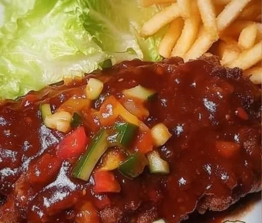 Zigeunerschnitzel mit Salat und Pommes