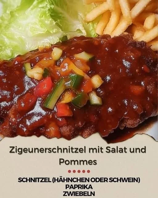 Zigeunerschnitzel mit Salat und Pommes