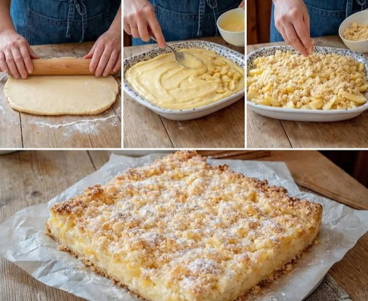 15-Minuten Vanillepudding-Streuselkuchen auf einem Blech