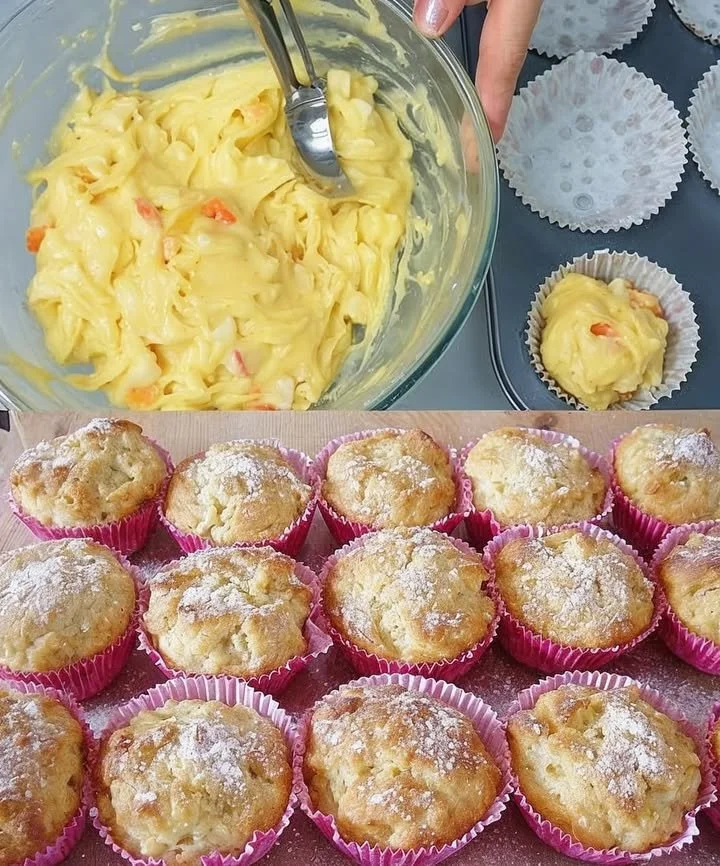 Frisch gebackene Apfel Quark Muffins auf einem rustikalen Holzbrett
