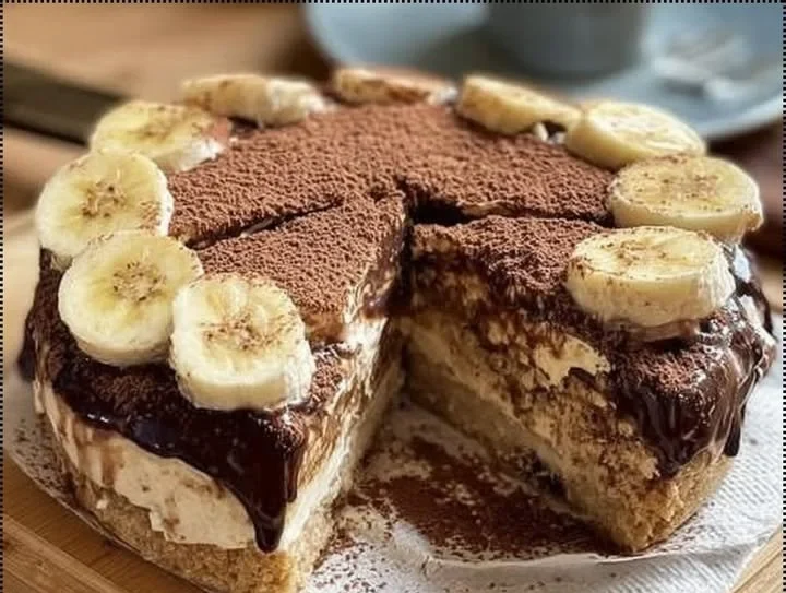 Köstlicher Bananen-Schoko-Traum ohne Backen, verziert mit Schokolade und Bananen.