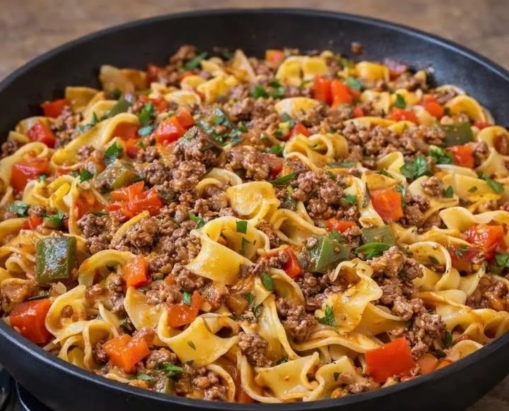 Blitz Hackfleisch Nudel Pfanne mit frischen Zutaten in einer Pfanne zubereitet