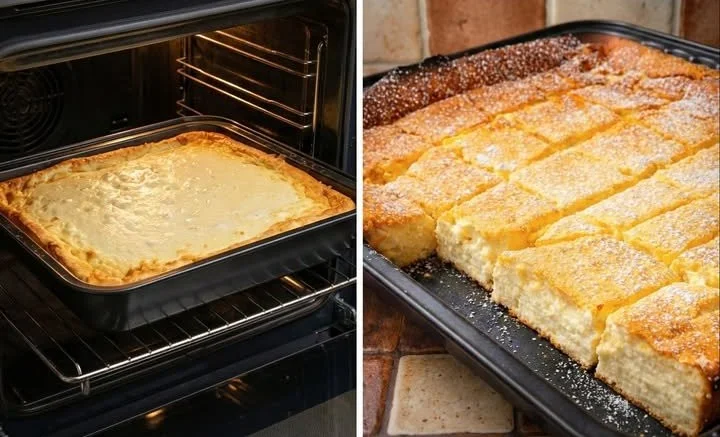 Blitzschneller Rahmkuchen vom Blech auf einem Teller serviert