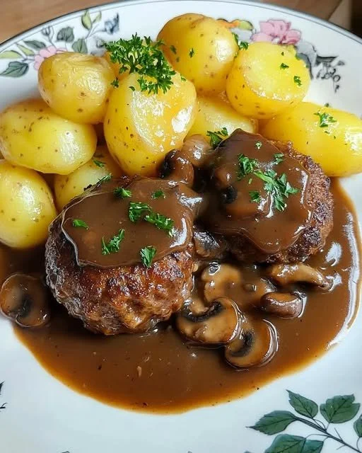 Bouletten mit Champignon-Waldpilzsoße und Kartoffeln auf einem Teller serviert.