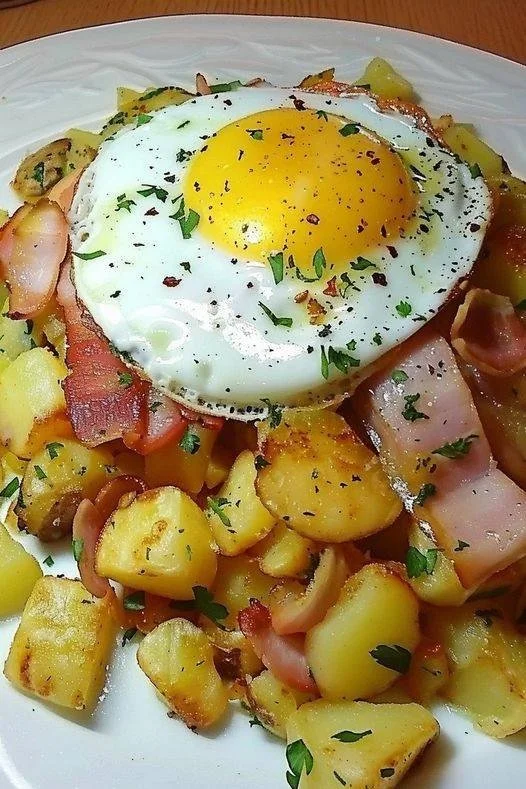 Bratkartoffeln mit Wurst und Spiegelei auf einem Teller angerichtet.