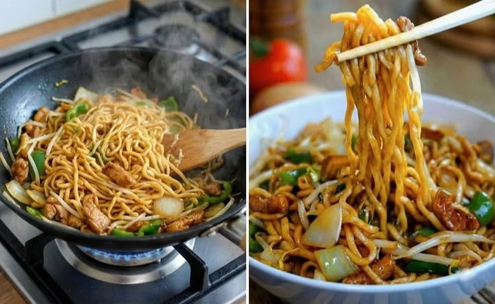 Servierteller mit schmackhaften Chinesischen Nudeln in einer traditionellen Bowl.