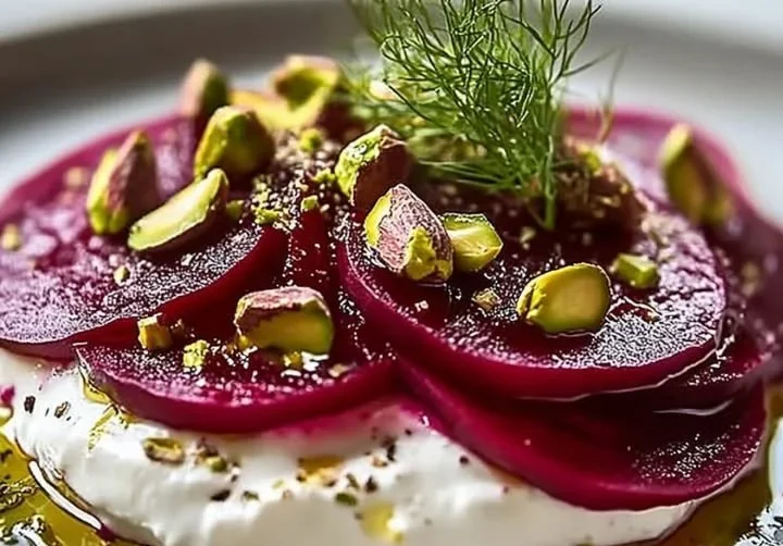 Cremiger Feta mit marinierten Rote Bete in einer Schüssel serviert.