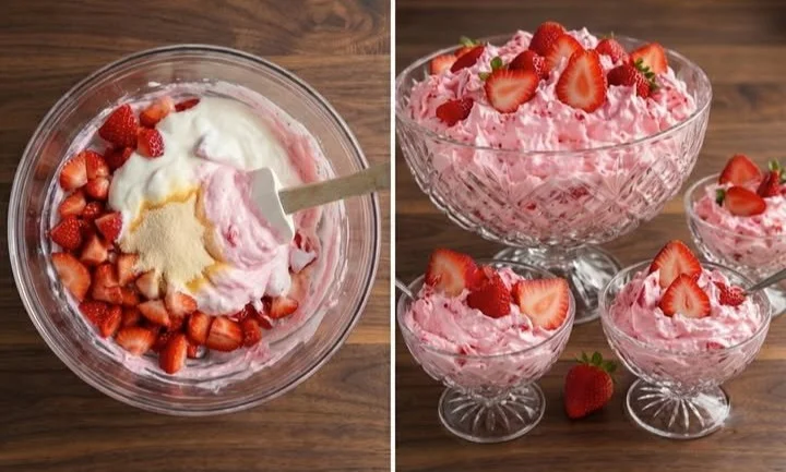 Erdbeerwolke Dessert mit frischen Erdbeeren und Sahne