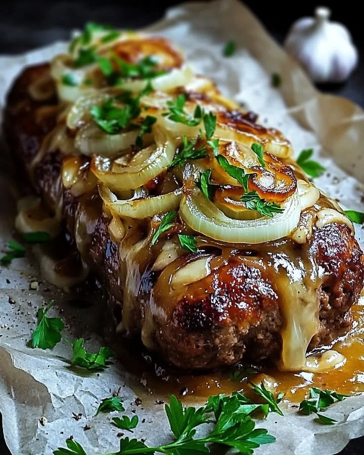 Französischer Zwiebelhackbraten mit Zwiebeln und Gewürzen auf einem Teller.