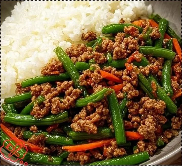 Gebratenes Hackfleisch mit grünen Bohnen und Reis auf einem Teller serviert.