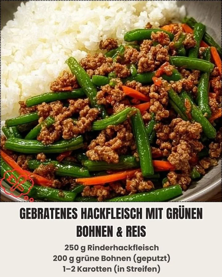 Gebratenes Hackfleisch mit grünen Bohnen & Reis