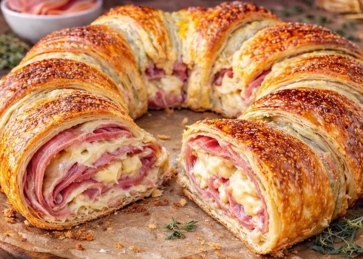 Gefüllter Blätterteigstrudel mit Schinken und Käse auf einem Teller