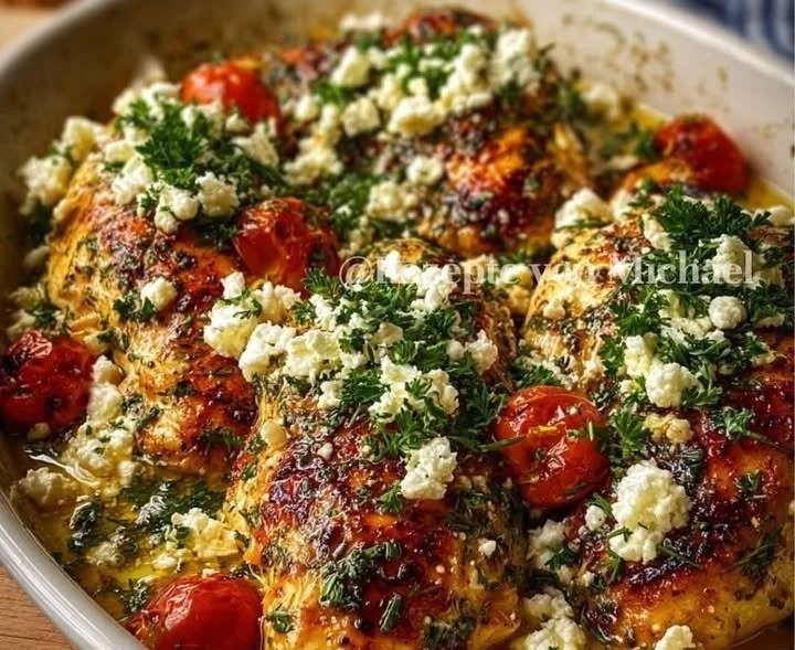 Griechisches Ofenhähnchen mit Feta, Zitrone und Knoblauch auf einem Teller serviert