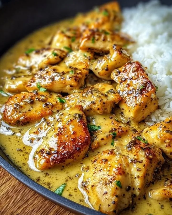 Hähnchenpfanne mit Honig-Senf-Soße auf einem Teller serviert