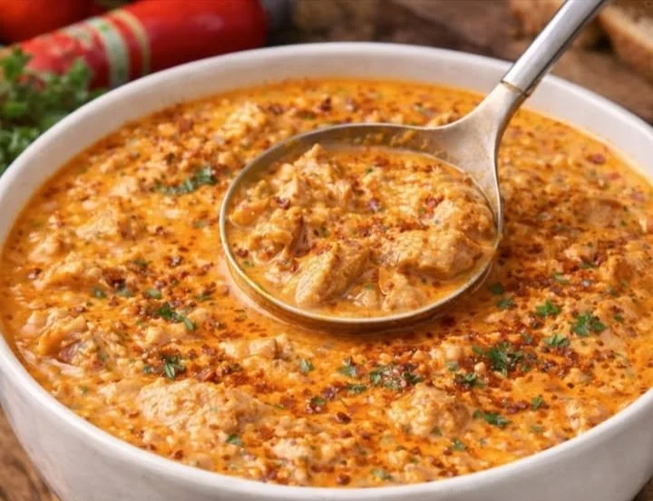 Eine dampfende Schüssel Hexensuppe mit grünem Gemüse und geheimnisvollen Zutaten.