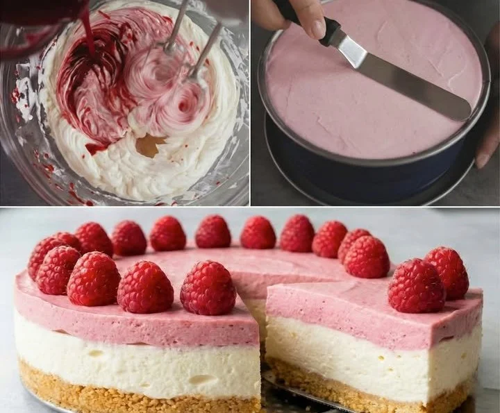 Himbeer Philadelphia Torte ohne Backen auf einem Teller präsentiert.