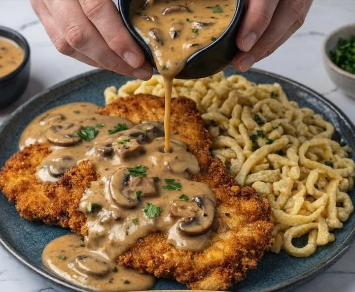 Jägerschnitzel auf einem Teller mit Pilzsoße und Beilagen