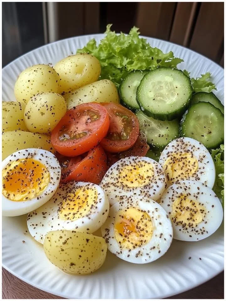 Kartoffel-Ei-Salat mit frischem Gemüse