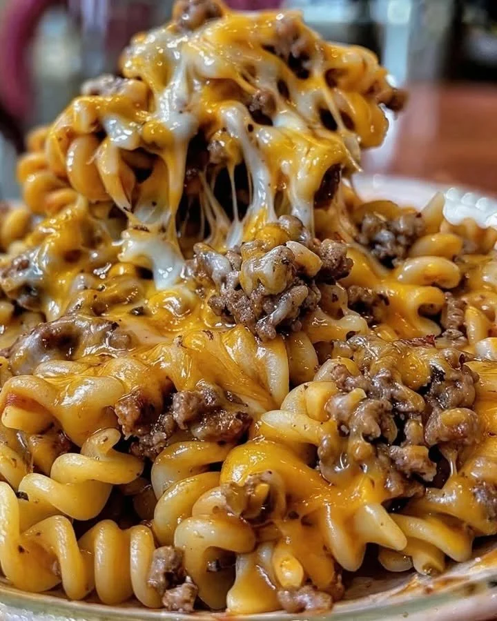 Käse-Makkaroni mit Rinderhackfleisch auf einem Teller serviert