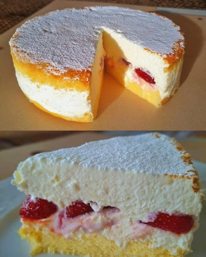 Käse-Sahne-Torte mit frischen Erdbeeren dekoriert