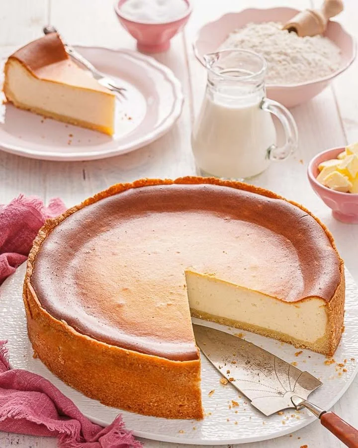 Käsekuchen mit Mürbeteigboden auf einem Teller, frisch gebacken und dekoriert.