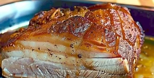 Kümmelbraten serviert mit Beilagen auf einem Teller.