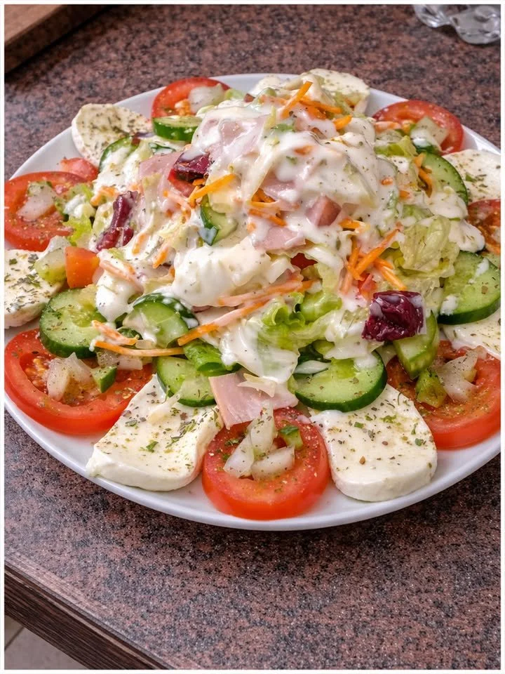 Leckerer Salatteller mit frischen Tomaten, Mozzarella und Goudastreifen