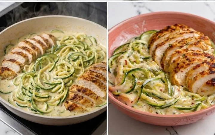 Low-Carb Hähnchenbrust mit cremigen Zucchini-Nudeln auf einem Teller