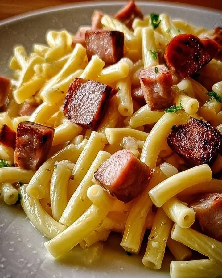 Makkaroni mit in Butter gebratener Wurst