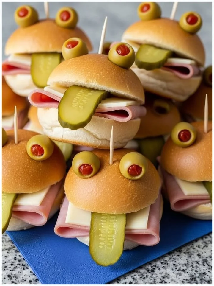 Mini-Brötchen gefüllt mit Käse und Geflügelaufschnitt auf einem Holzbrett.