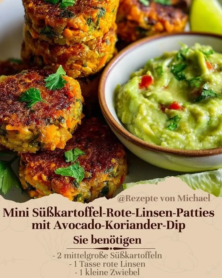 Mini Sweet Potato Red Lentil Patties with Avocado Cilantro Dip