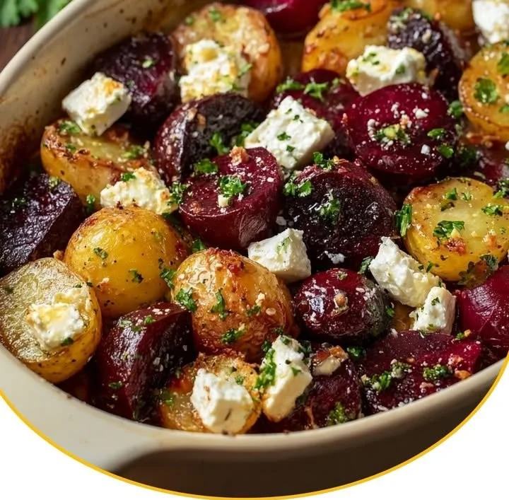 Ofenkartoffeln mit Roter Bete, Feta und karamellisierten Zwiebeln auf einem Teller