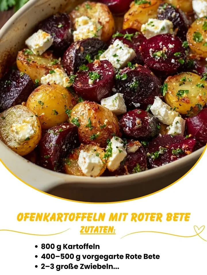 Ofenkartoffeln mit Roter Bete, Feta und karamellisierten Zwiebeln