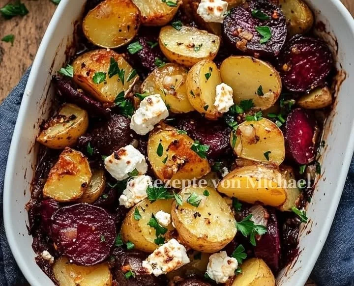 Ofenkartoffeln mit Roter Bete, Feta und karamellisierten Zwiebeln