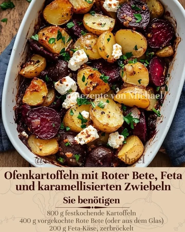 Ofenkartoffeln mit Roter Bete, Feta und karamellisierten Zwiebeln
