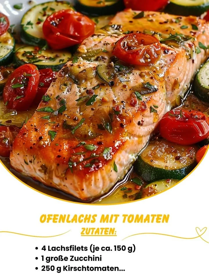 Ofenlachs mit Tomaten, Zucchini & Honig-Senf-Dressing