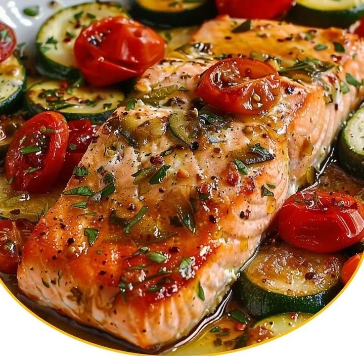 Ofenlachs mit Tomaten, Zucchini & Honig-Senf-Dressing
