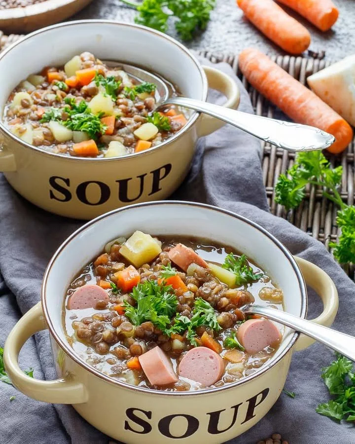 Omas Linseneintopf serviert in einer Schüssel, garniert mit frischen Kräutern.