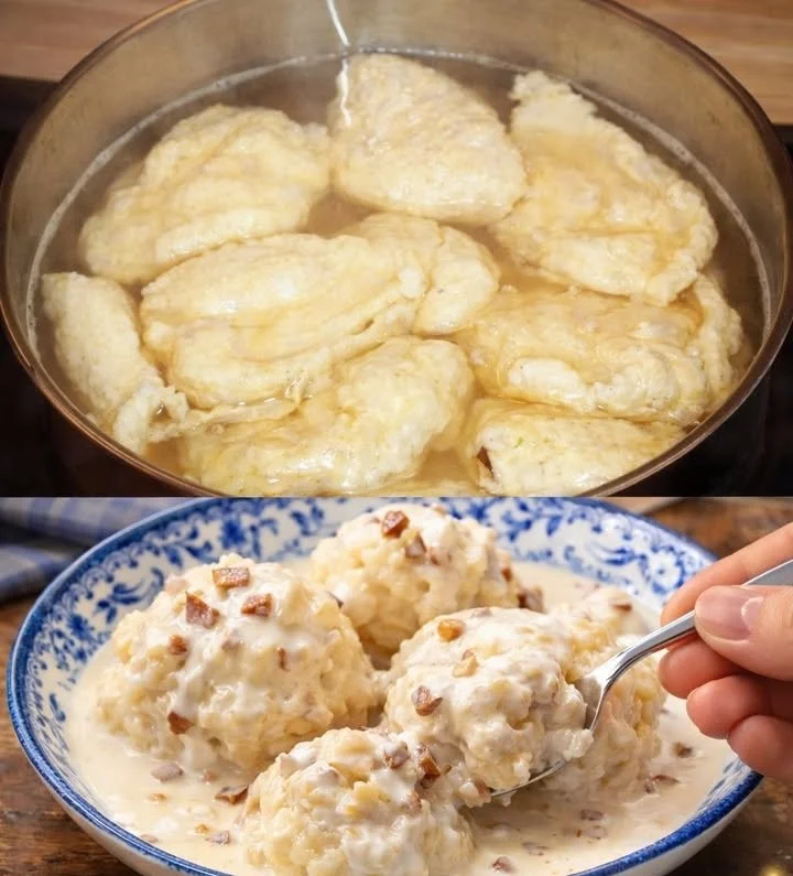 Omas leckere Mehlklöße serviert mit einer köstlichen Soße.