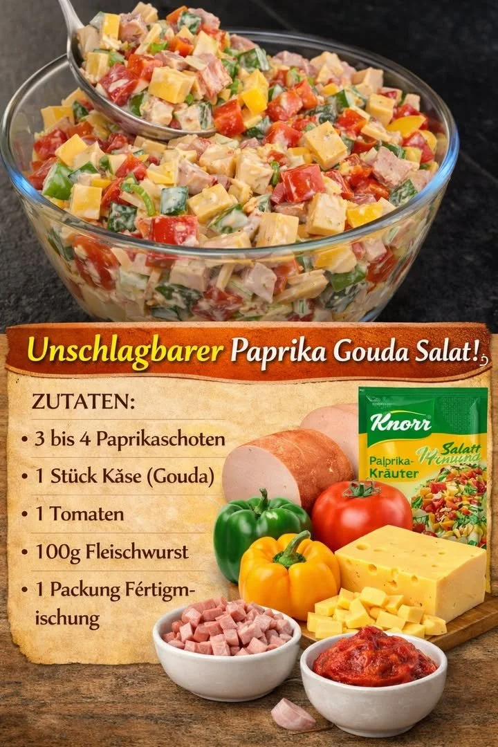 Paprika Gouda Salat mit Fleischwurst