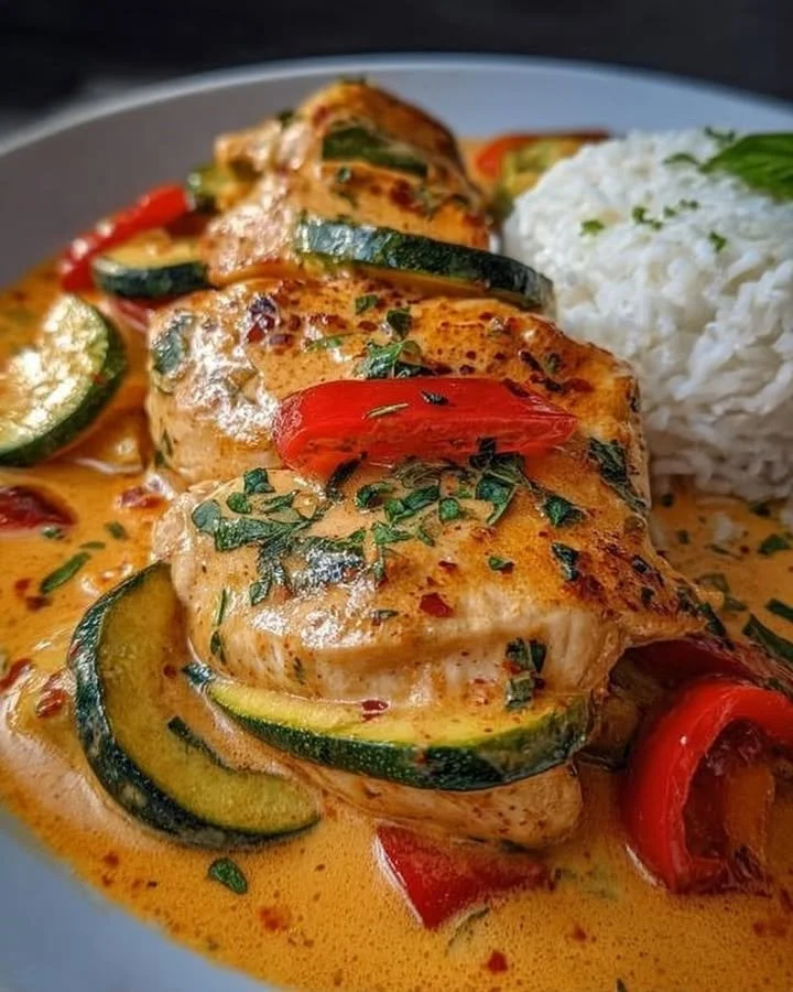 Zucchini Hähnchen Gericht mit Paprika und Sahne in einer Pfanne zubereitet